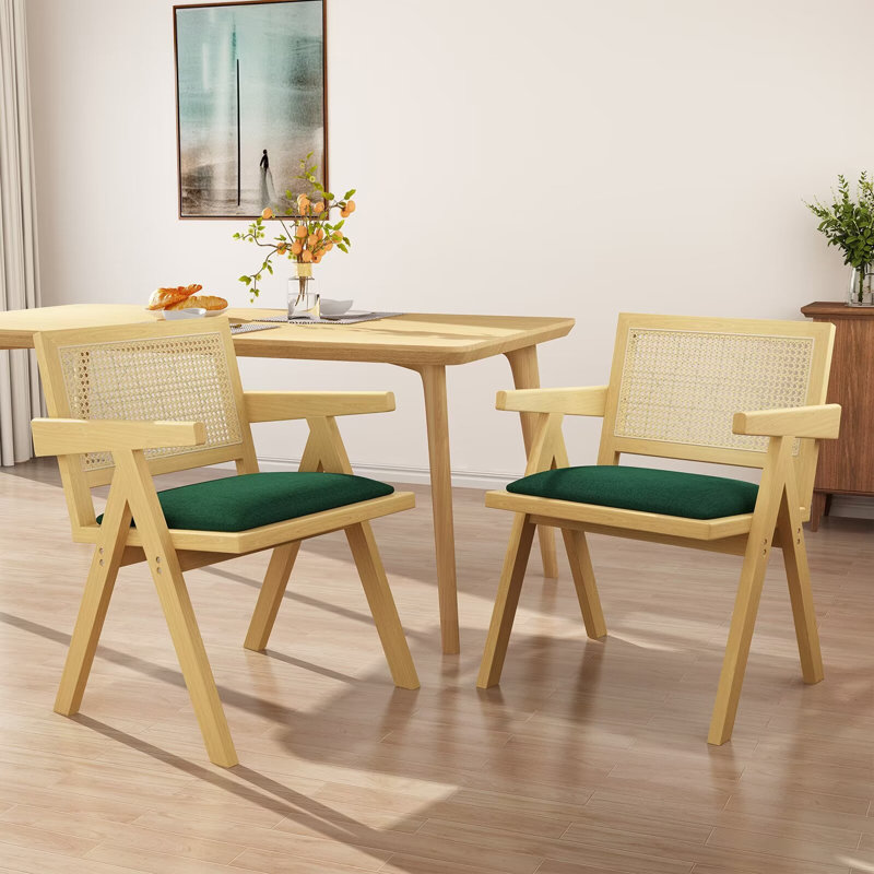 Japhet Rattan Dining Chairs Armchair Side Chairs with Armrest and Cane Backrest Mid Century Modern Dining Chairs Wooden Kitchen Chair Green Light